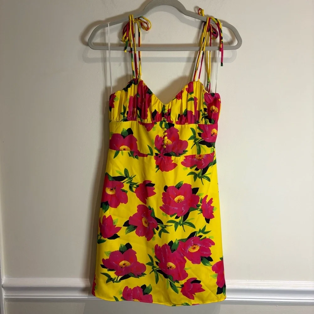 KOURT Dionne Bright Yellow Floral Print Satin Tie-Strap Mini Dress Size Small - Picture 4 of 10